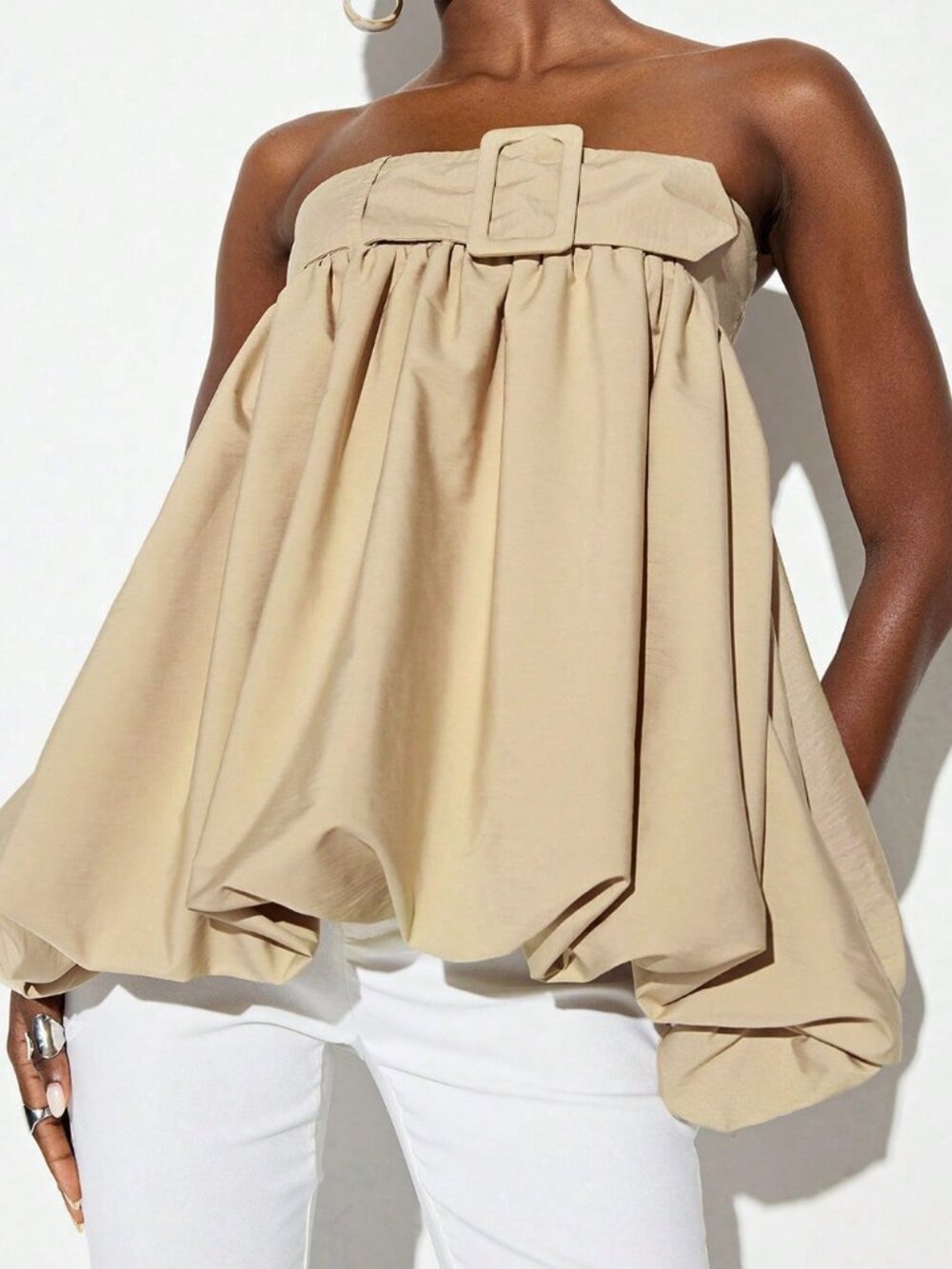 Khaki Casual Women's Strapless Belt Buckle Voluminous Balloon Hem Top - Picture 5 of 7